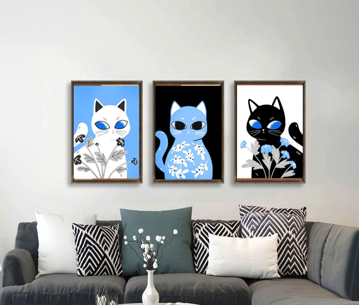 Blue Cat Set 3 Produce Decord Wall, for Your House-0